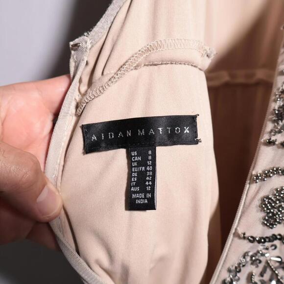 Aidan Mattox Beaded Mesh Godet Gown 8 NEW Blush Champagne Mock Neck Open Back - Picture 6 of 15